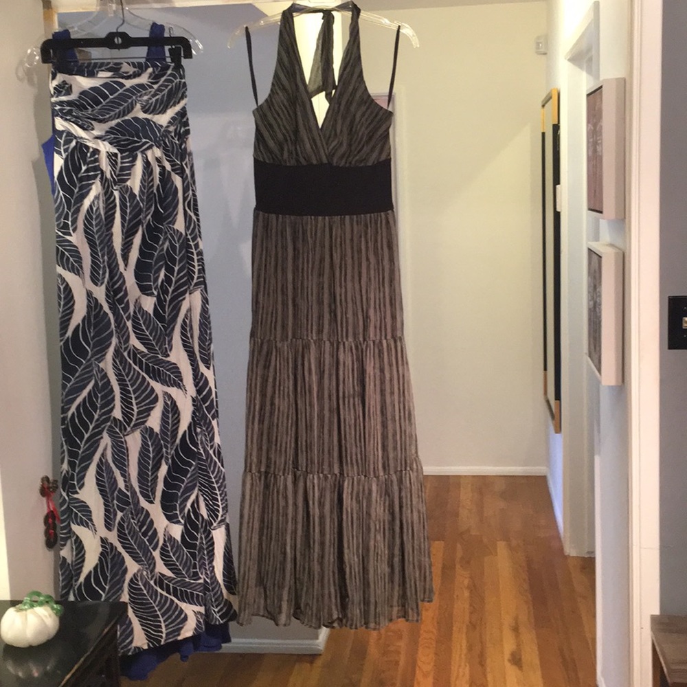 Striped halter maxi dress w/ tiered skirt